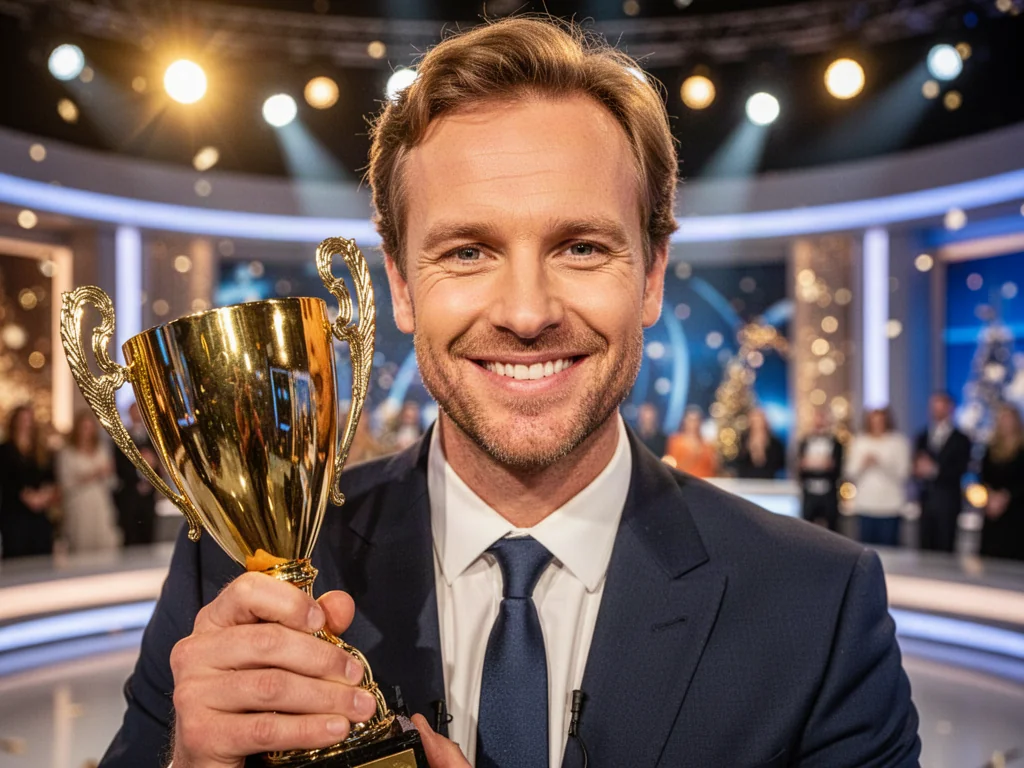 Uśmiechnięty zwycięzca teleturnieju trzymający złote trofeum w profesjonalnym studiu telewizyjnym.
