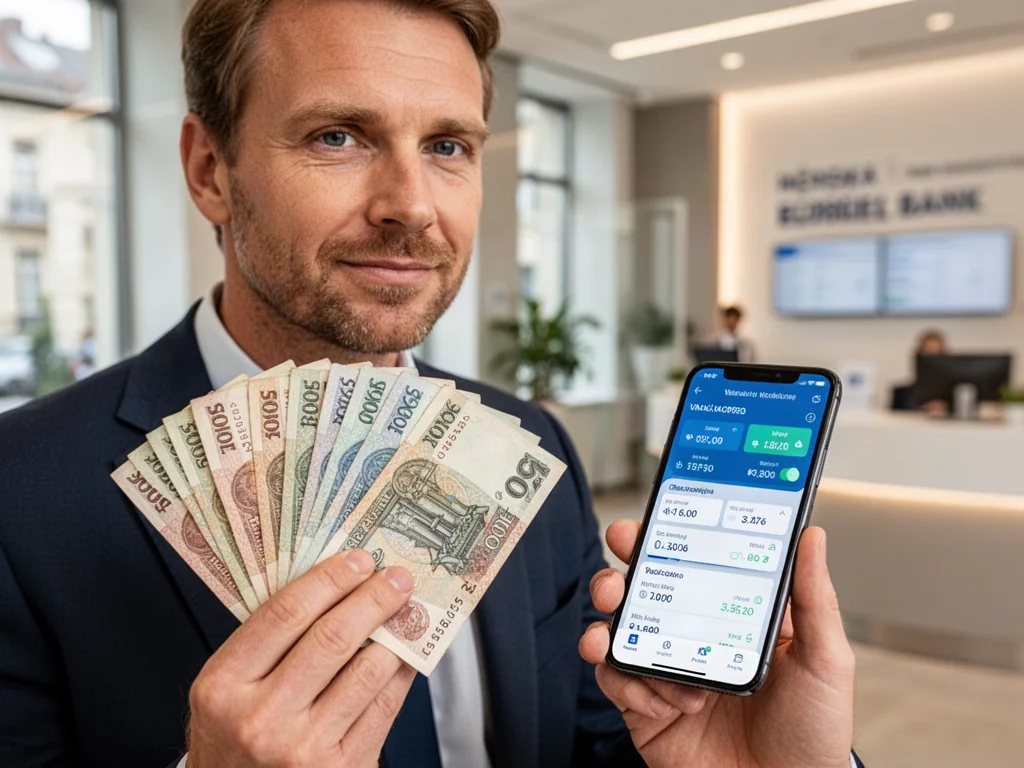 Mężczyzna trzymający czeskie korony oraz smartfon z aplikacją do przeliczania walut w nowoczesnym biurze bankowym.