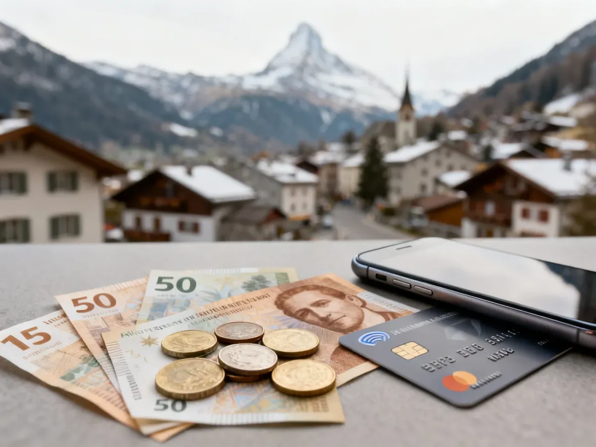 Szwajcarskie banknoty i monety obok cyfrowych metod płatności