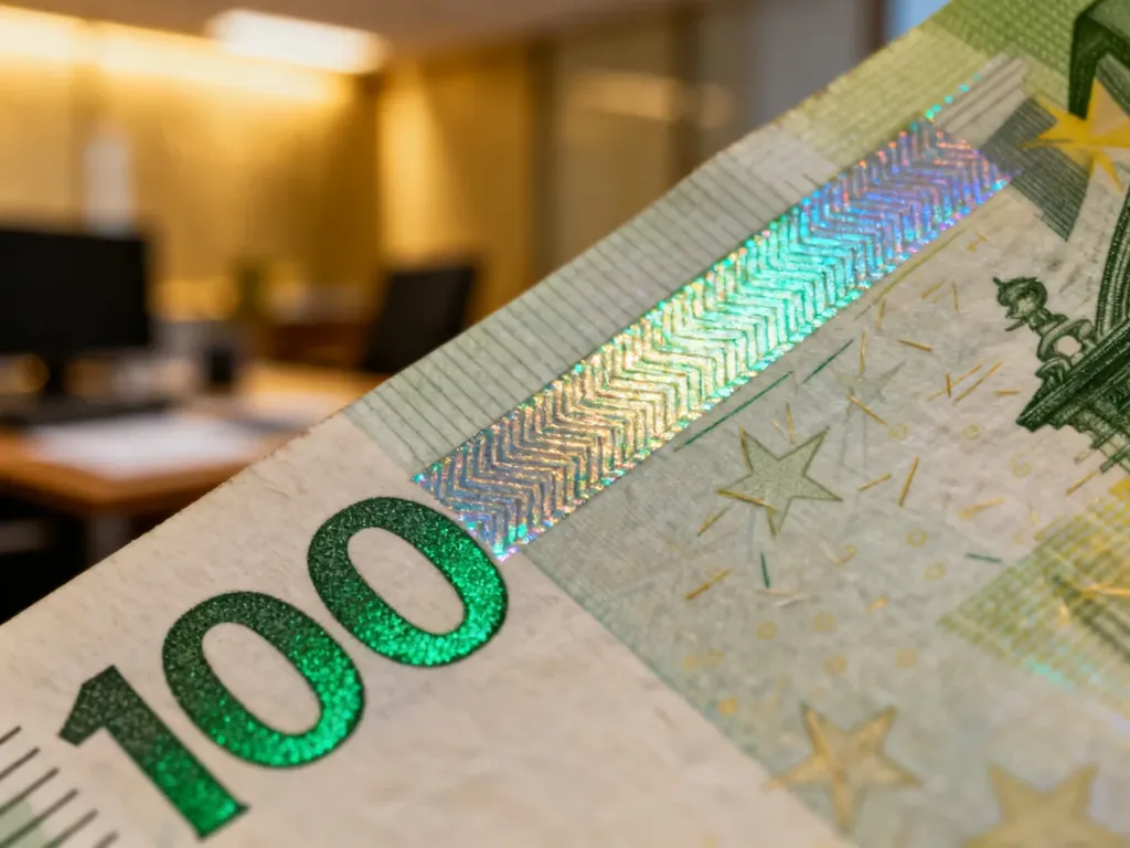 Zbliżenie na banknot 100 euro z widocznym hologramem i szmaragdową liczbą, prezentujące detale zabezpieczeń pieniądza.