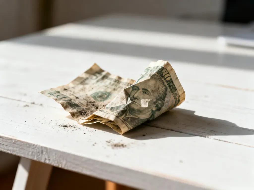 Pognieciony i zabrudzony banknot leżący na białym drewnianym stole, ukazujący szczegółową teksturę papieru.