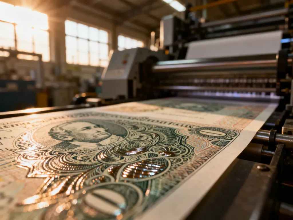 Nowoczesna maszyna drukarska w trakcie produkcji banknotów z wyraźnymi detalami grawerunku i teksturą papieru.