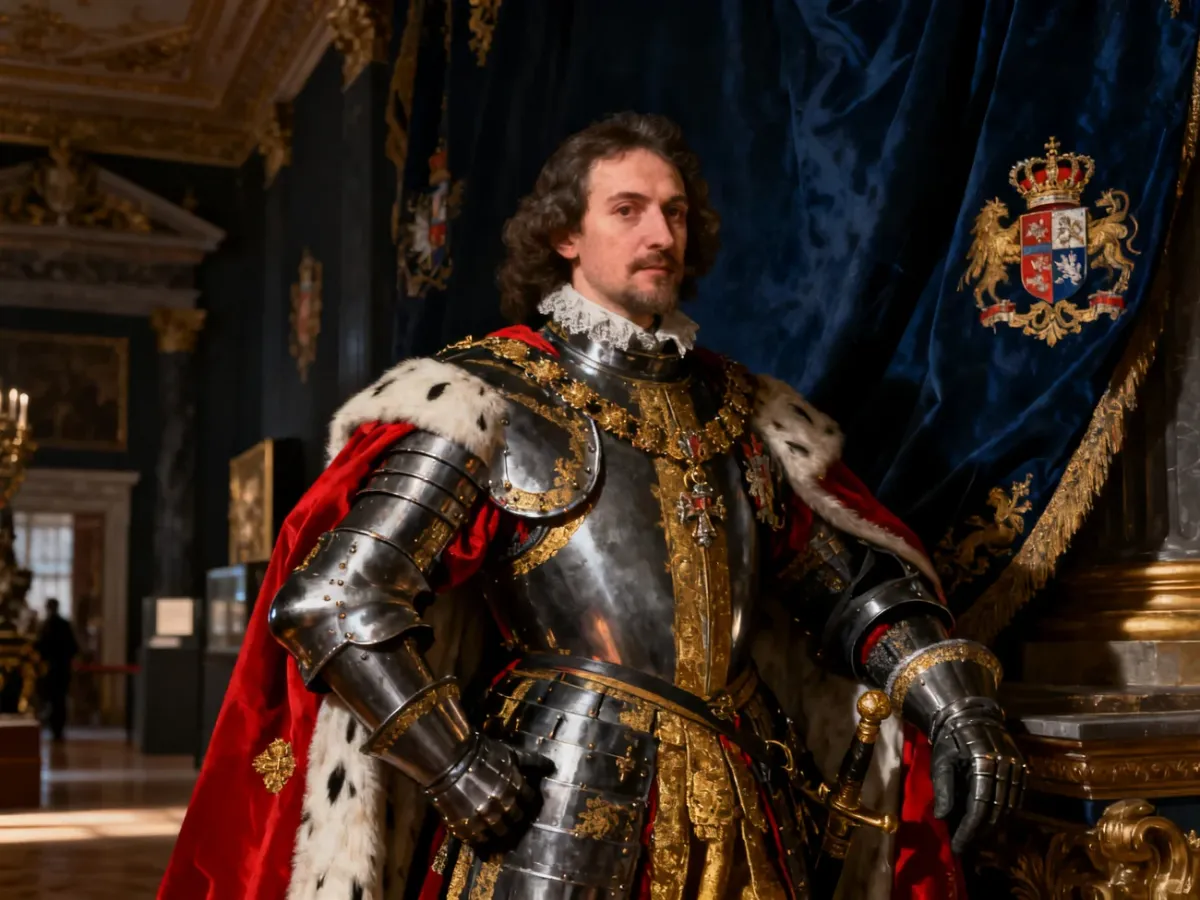 Jan III Sobieski w królewskim stroju i zbroi na tle ceremonialnego wnętrza