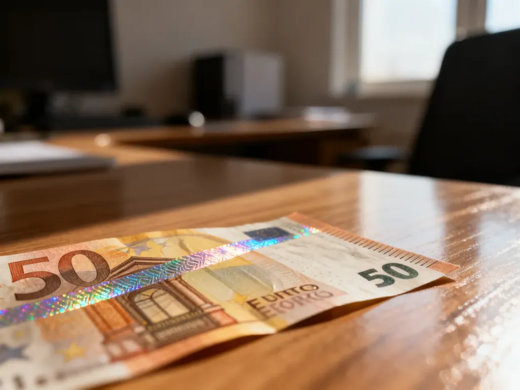 Zbliżenie na banknot 50 euro z widocznymi detalami zabezpieczeń, takimi jak pasek holograficzny i faktura druku.