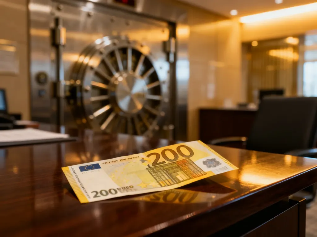 Banknot 200 euro leżący na drewnianym biurku na tle nowoczesnego skarbca bankowego.