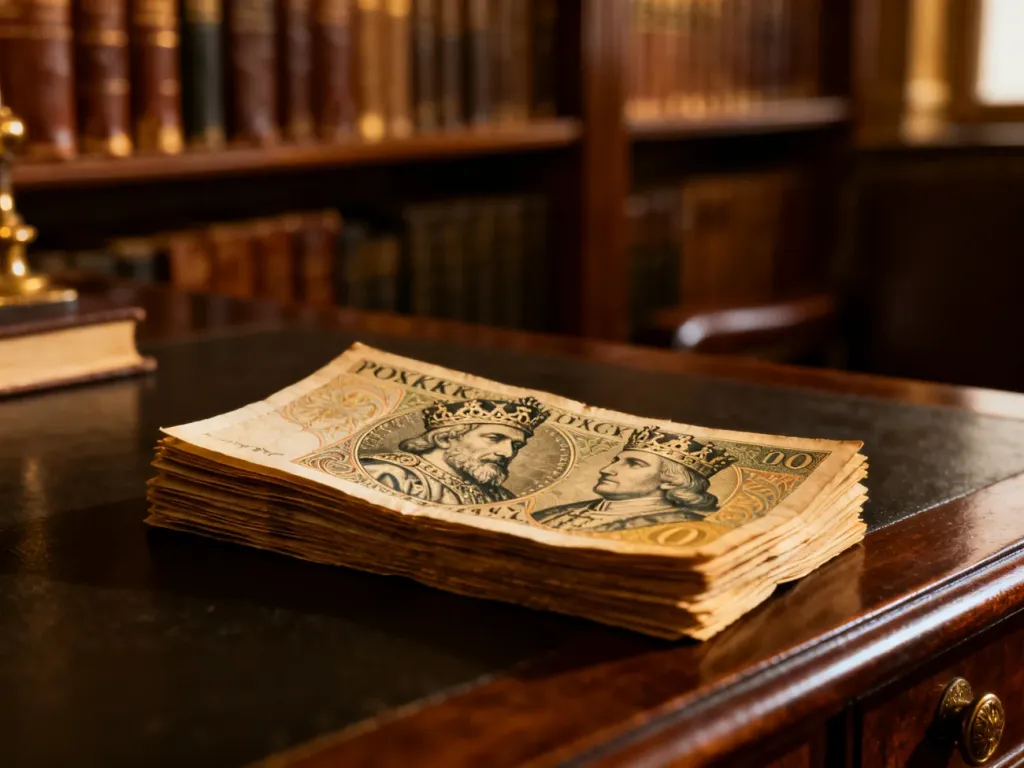 Stos zabytkowych polskich banknotów z portretami władców na tle biblioteki, podkreślający historyczny charakter pieniądza.