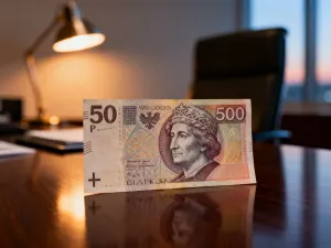 Banknot 200 euro leżący na drewnianym biurku na tle nowoczesnego skarbca bankowego.