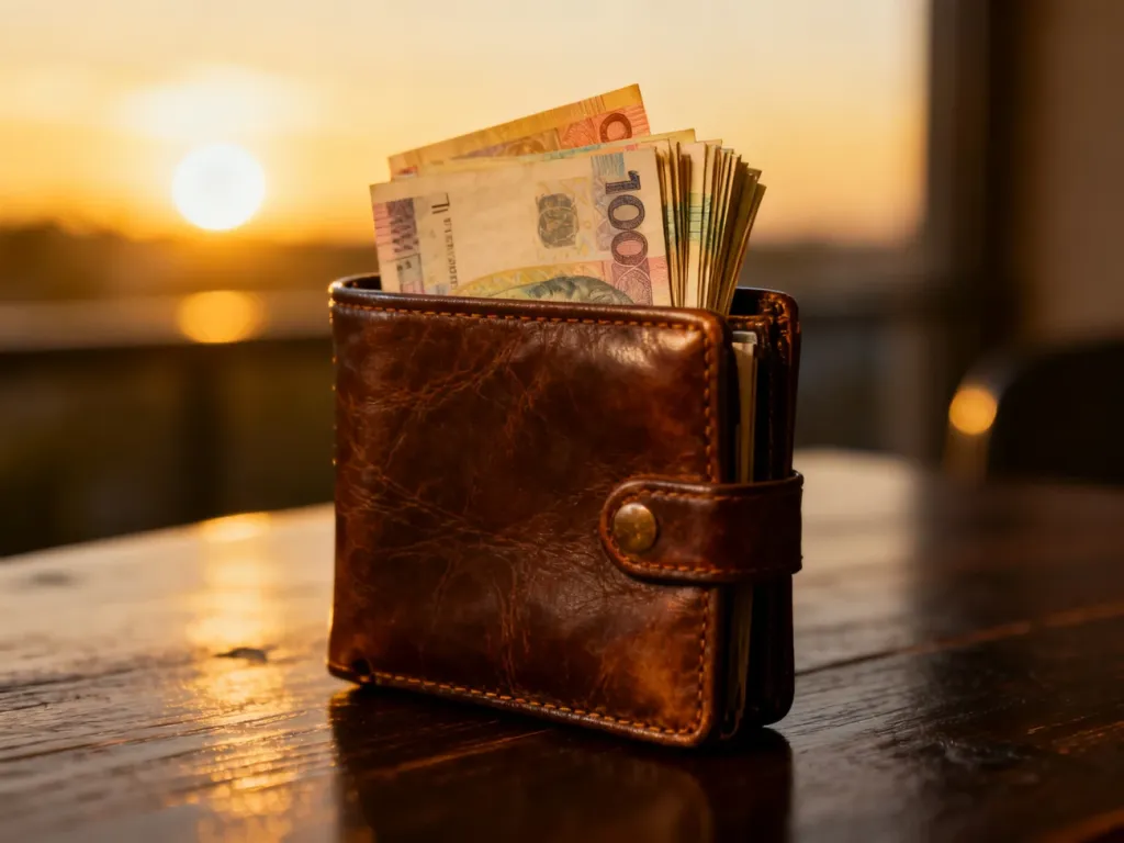 Skórzany portfel z widocznymi banknotami leżący na drewnianym stole, podkreślający praktyczność fizycznego pieniądza.