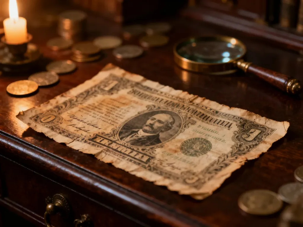 Zbliżenie na zabytkowy banknot z widocznymi detalami papieru, leżący na drewnianym biurku w otoczeniu starych monet.
