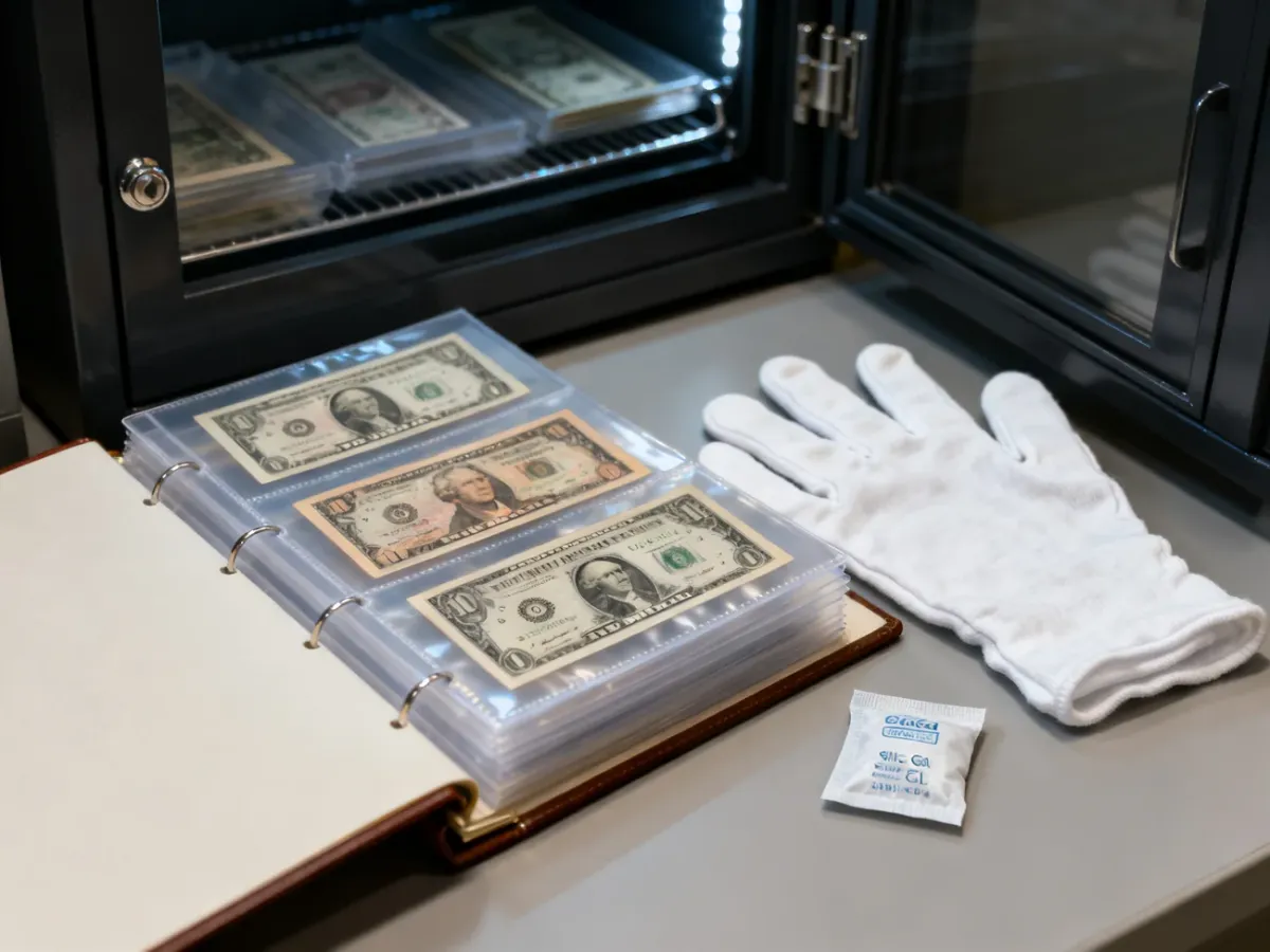 Banknoty kolekcjonerskie w bezkwasowych koszulkach i albumie archiwizacyjnym