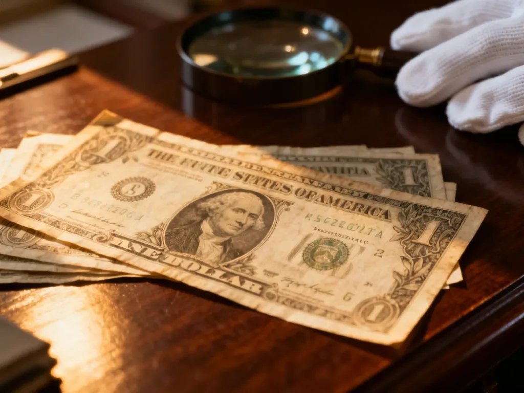 Zabytkowe banknoty z detalami grawerunków na mahoniowym biurku, obok lupy i białych rękawiczek kolekcjonerskich.