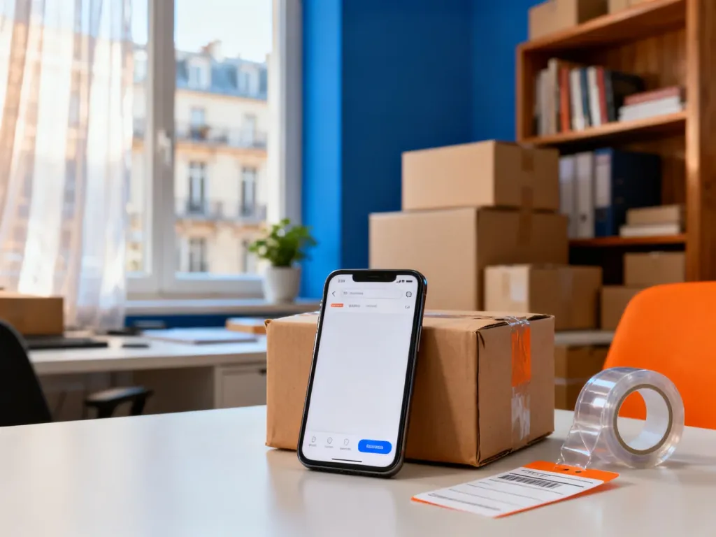 Smartfon z otwartą aplikacją sprzedażową oraz przygotowana do wysyłki paczka na biurku w domowym biurze.