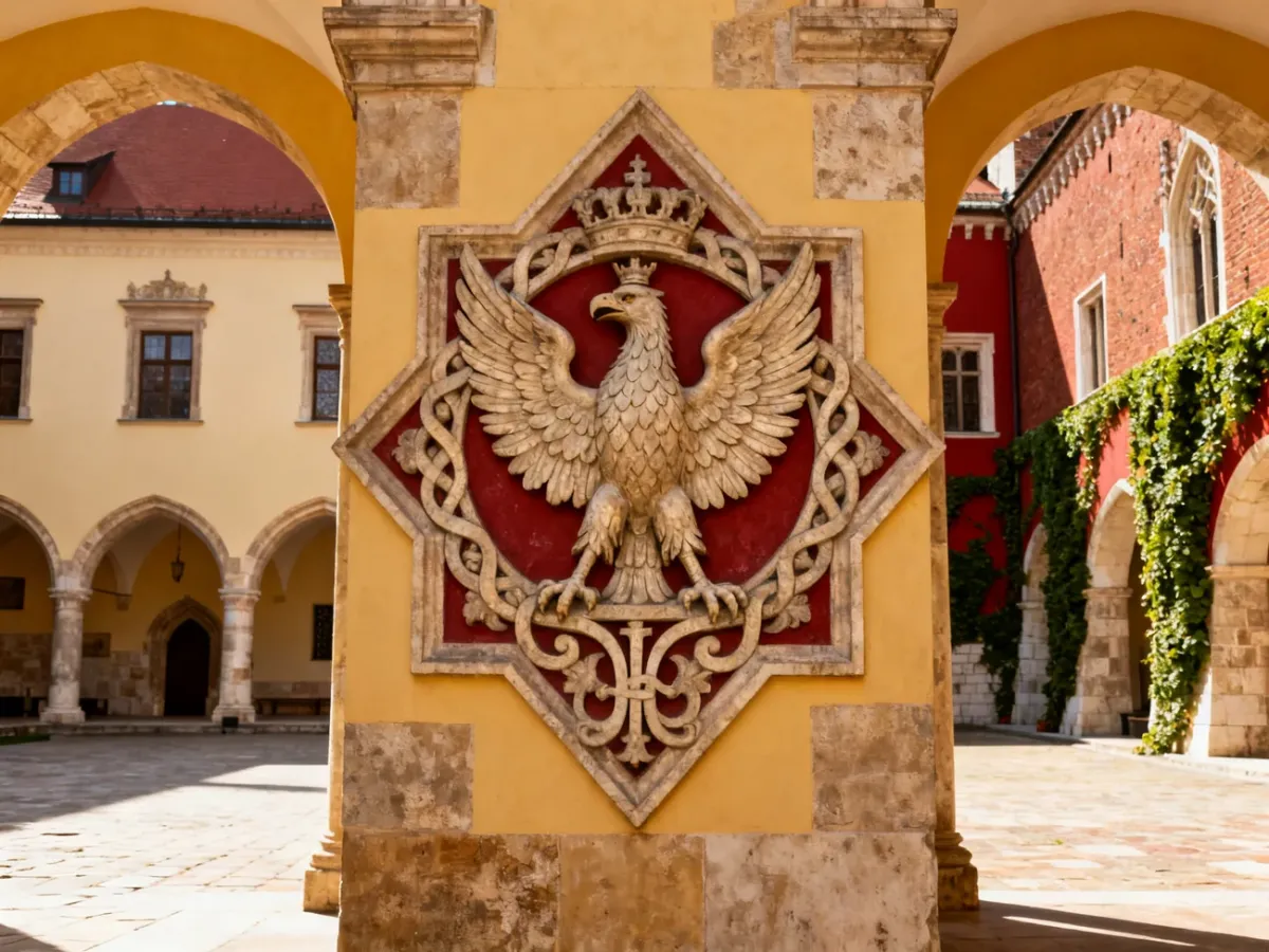 Renesansowy orzeł heraldyczny na tle dziedzińca wawelskiego