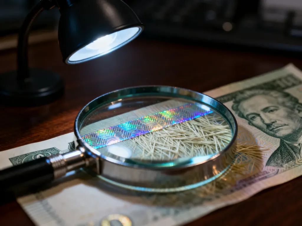 Zbliżenie na detale banknotu pod lupą, ukazujące zabezpieczenia holograficzne i fakturę papieru w celu weryfikacji autentyczności.