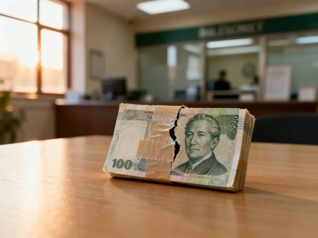 Sklejony taśmą uszkodzony banknot leżący na drewnianym stole, ilustrujący problem wymiany zniszczonych pieniędzy.