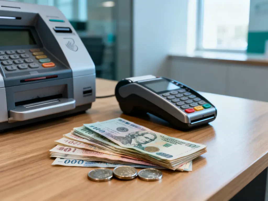Nowoczesny bankomat, terminal płatniczy oraz gotówka na drewnianym biurku, symbolizujące różnorodne metody wpłat pieniędzy.