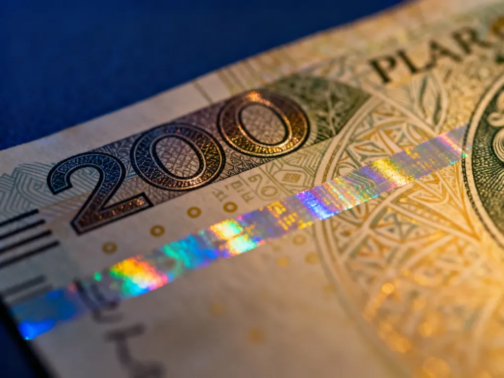 Zbliżenie na detale banknotu 200 zł, ukazujące zabezpieczenia, hologramy oraz precyzyjną strukturę papieru.