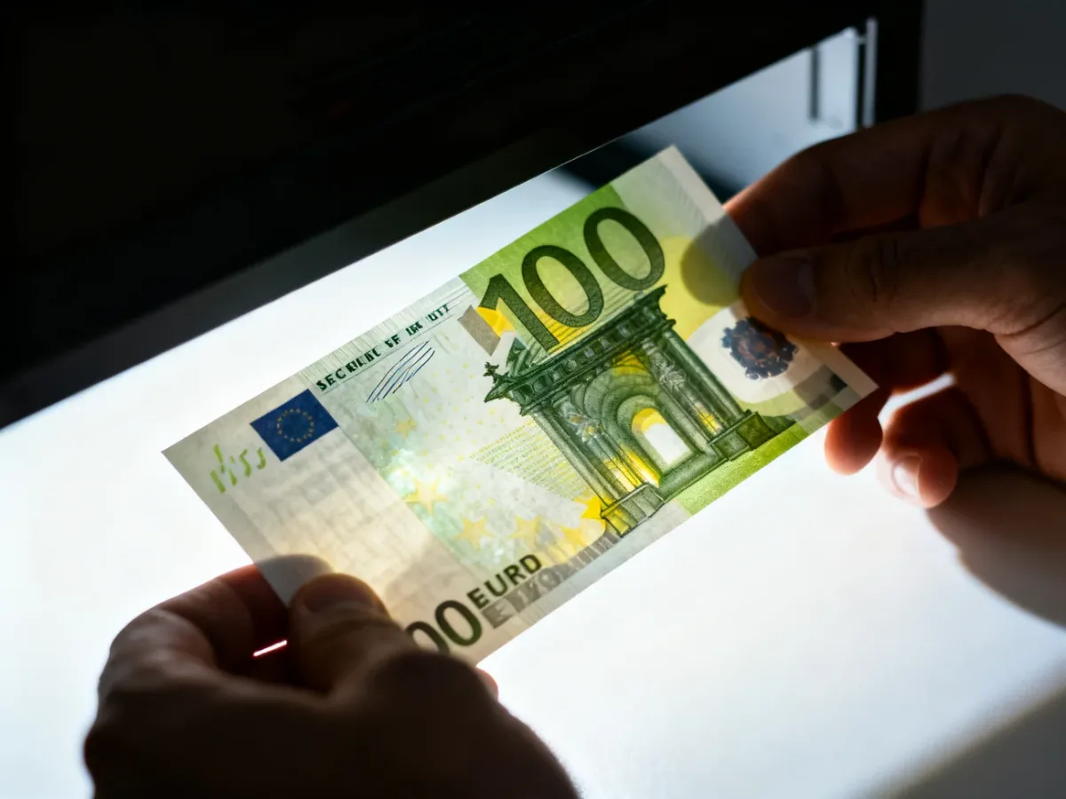 Sprawdzanie banknotu 100 euro pod światło