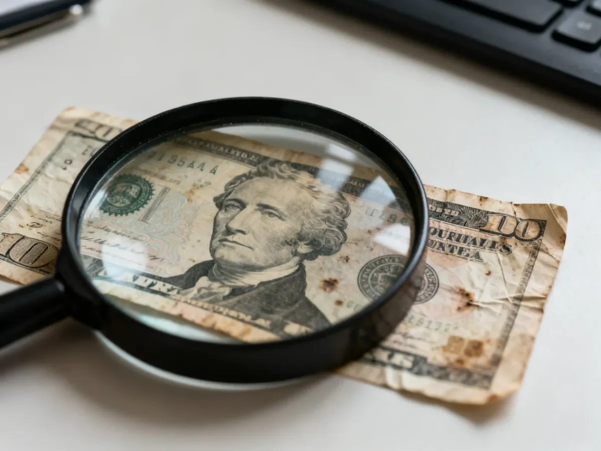 Oględziny banknotu pod lupą w celu odróżnienia błędu od uszkodzenia