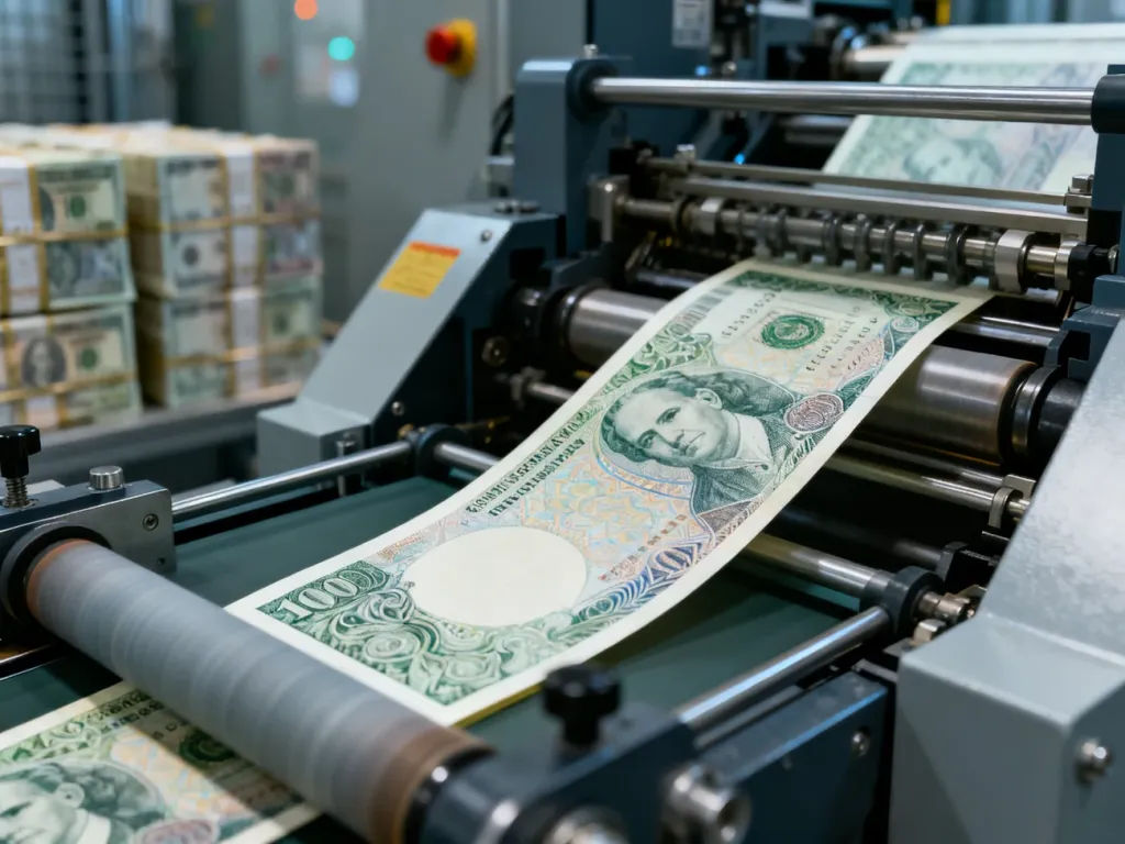 Maszyna drukarska w bezpiecznym zakładzie produkuje nowe banknoty, które przechodzą przez rolki w procesie wytwarzania.