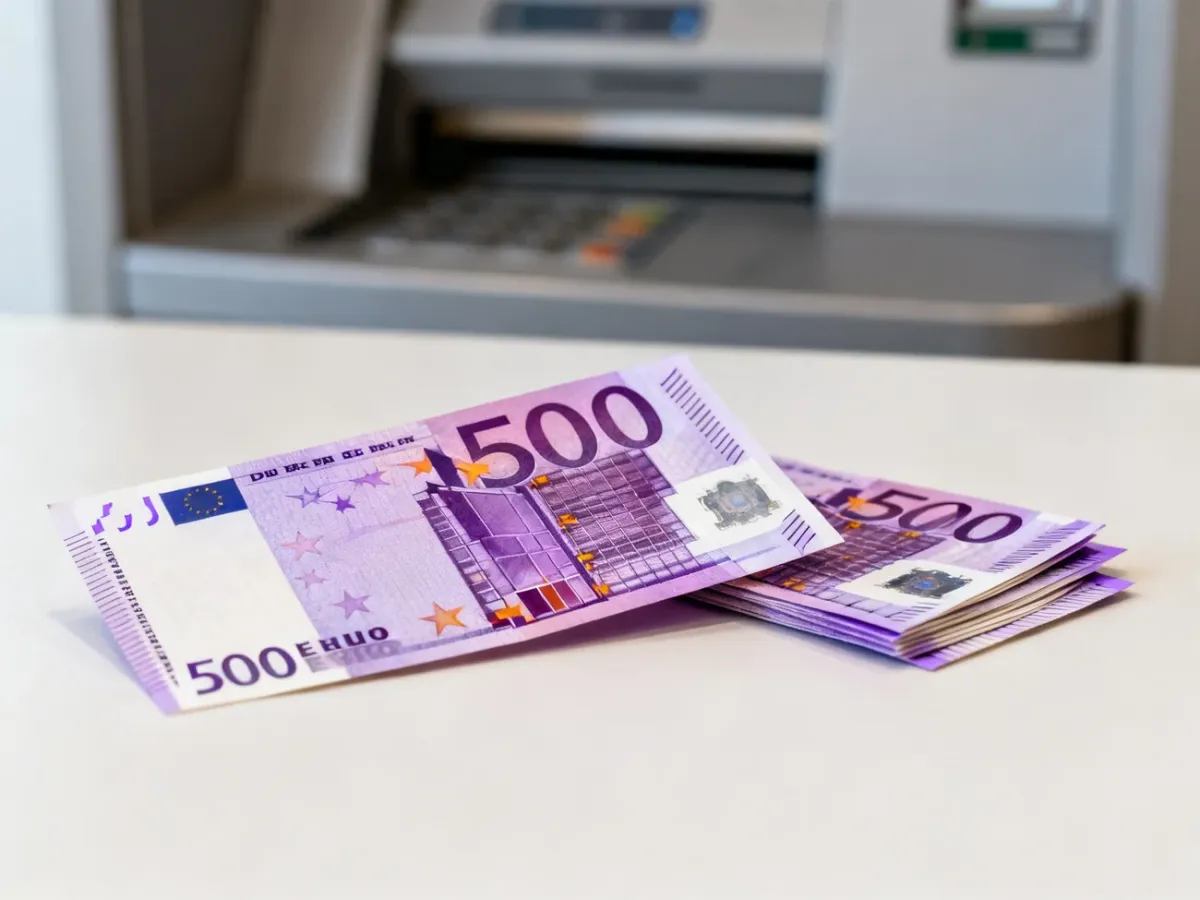 Banknot 500 euro obok mniejszych nominałów euro