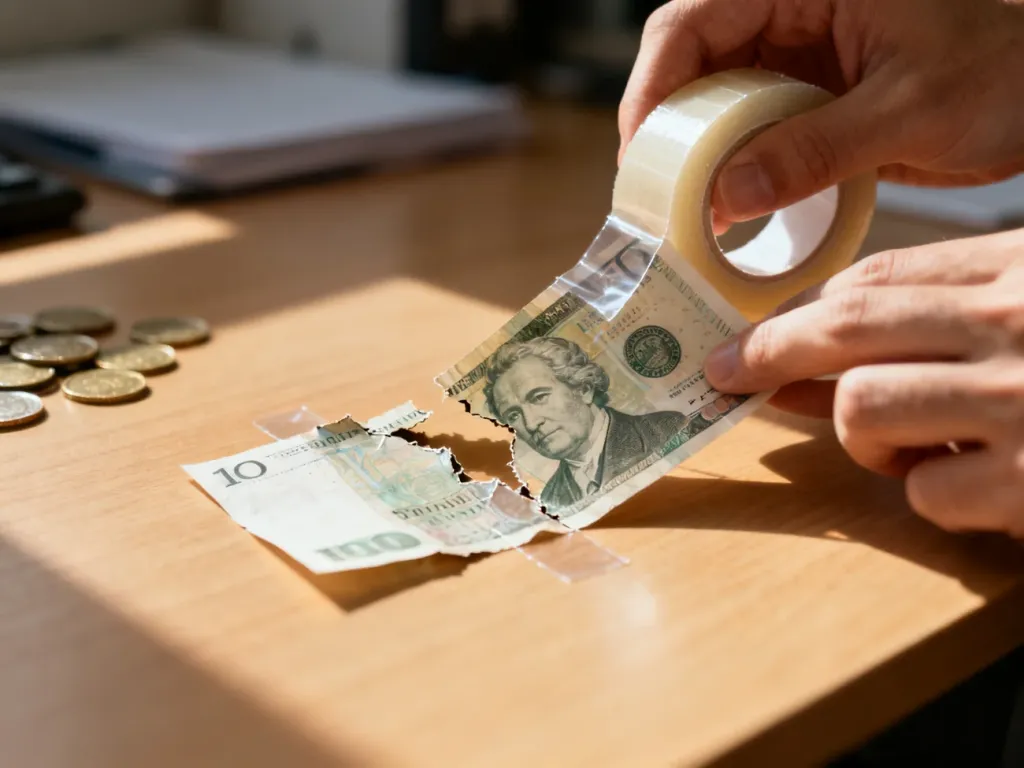 Uszkodzony banknot sklejany przezroczystą taśmą na drewnianym biurku. Obraz ilustruje proces naprawy zniszczonego pieniądza.