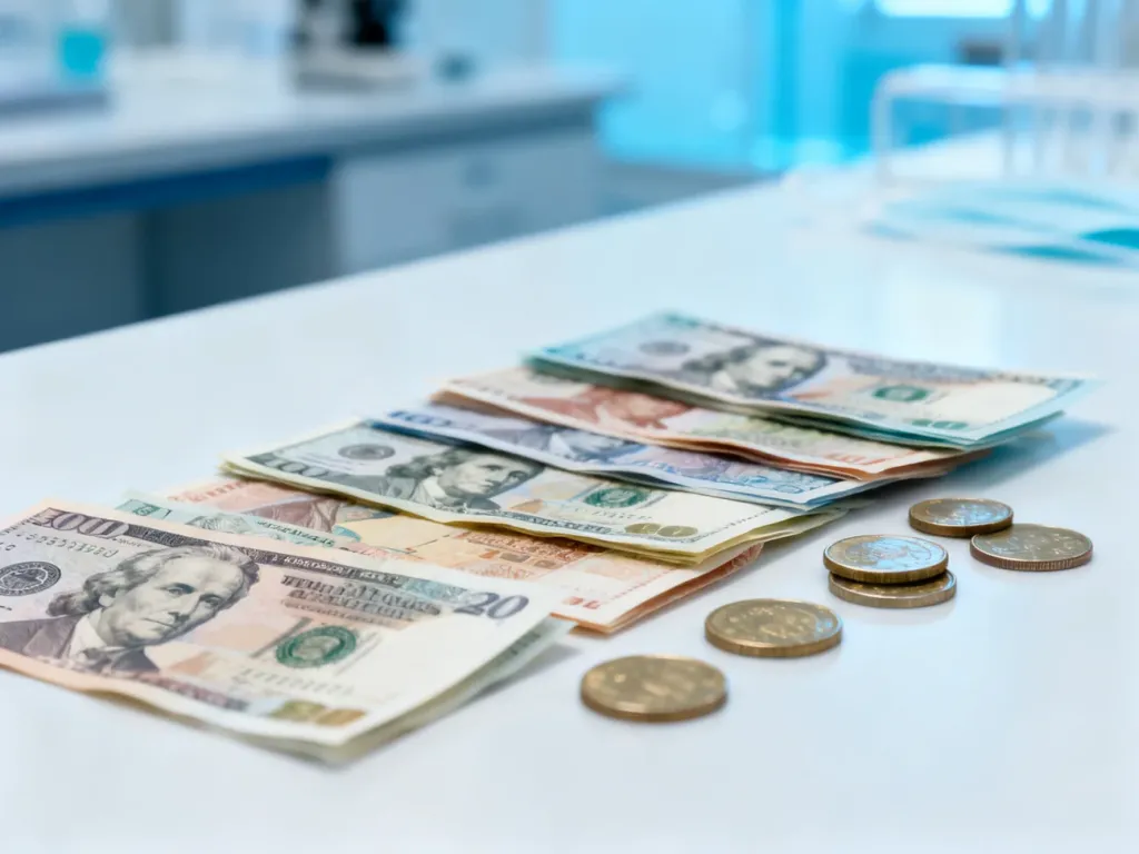 Różne banknoty i monety ułożone na sterylnym, białym tle, sugerujące higieniczne podejście do obsługi gotówki.