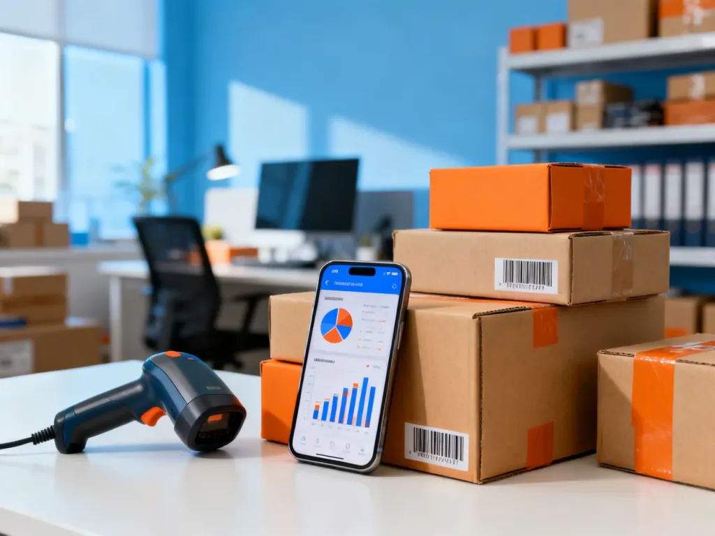 Biurko z produktami, smartfonem z wykresami sprzedaży i paczkami, symbolizujące przygotowanie do handlu na Amazonie.
