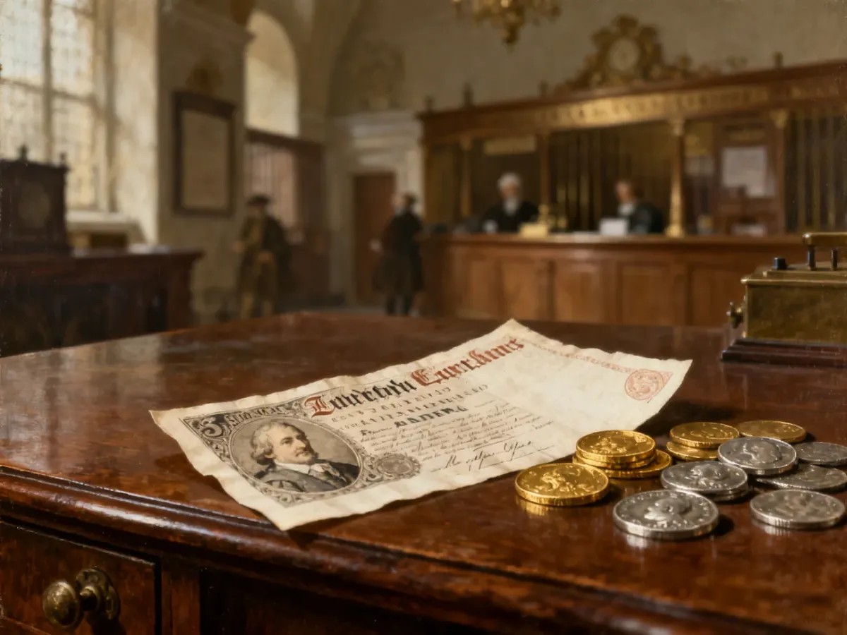 Wczesny europejski banknot obok monet ze złota i srebra