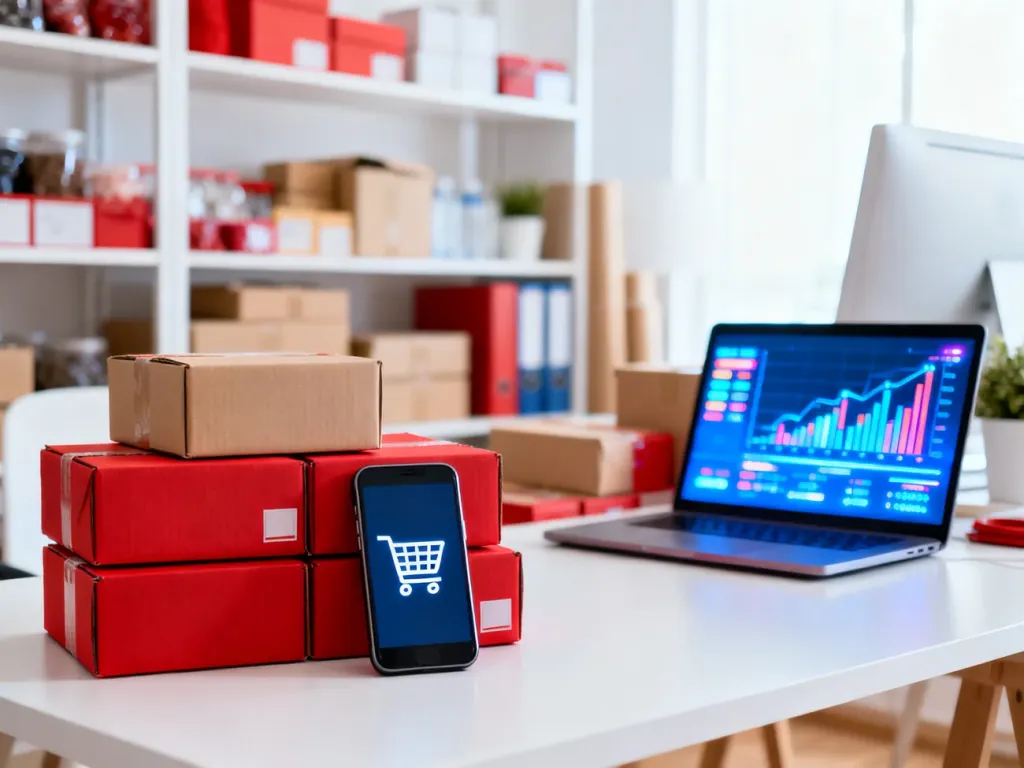 Zestaw produktów, smartfon z ikoną koszyka i paczki gotowe do wysyłki w profesjonalnym biurze e-commerce.