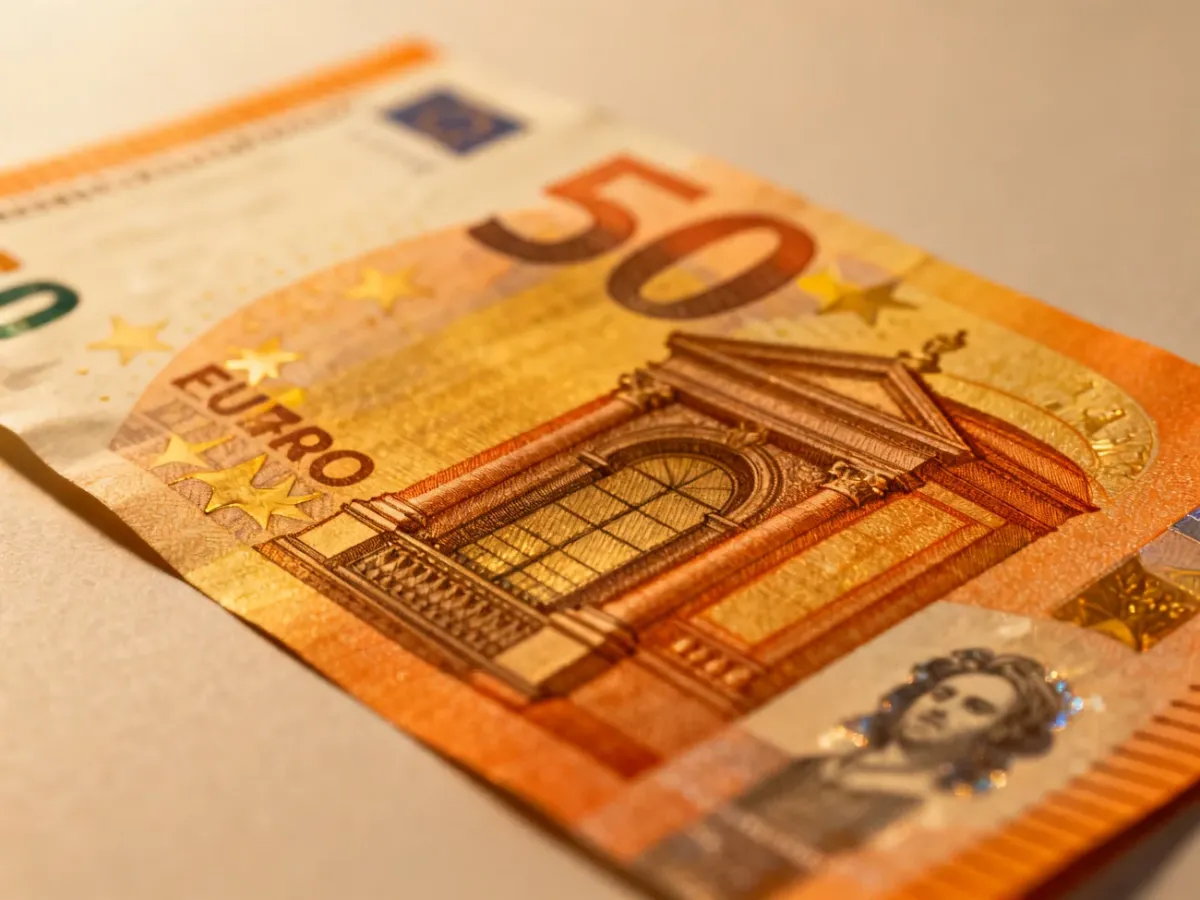 Zbliżenie pomarańczowego banknotu 50 euro serii Europa z widocznymi wypukłymi zabezpieczeniami