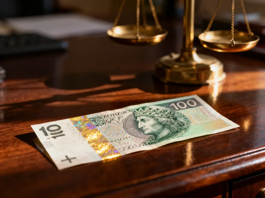 Nowy banknot 100 zł leżący na drewnianym biurku obok zabytkowej wagi, podkreślający precyzję pomiaru jego wagi.