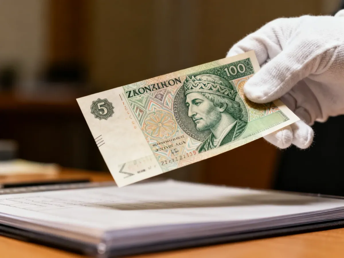 Banknot w idealnym stanie UNC trzymany w rękawiczkach kolekcjonerskich
