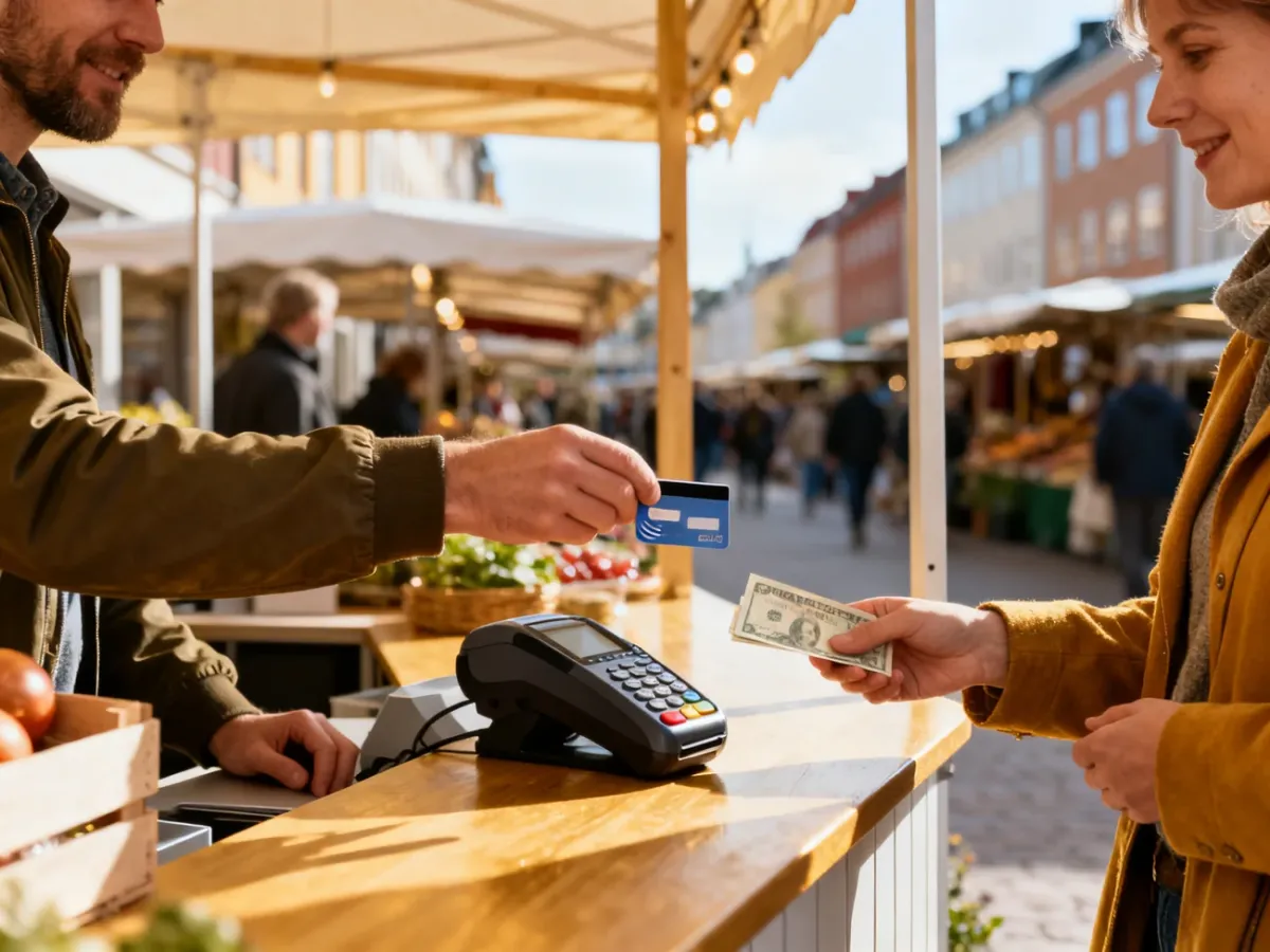 Europejski targ pokazujący płatności kartą i gotówką