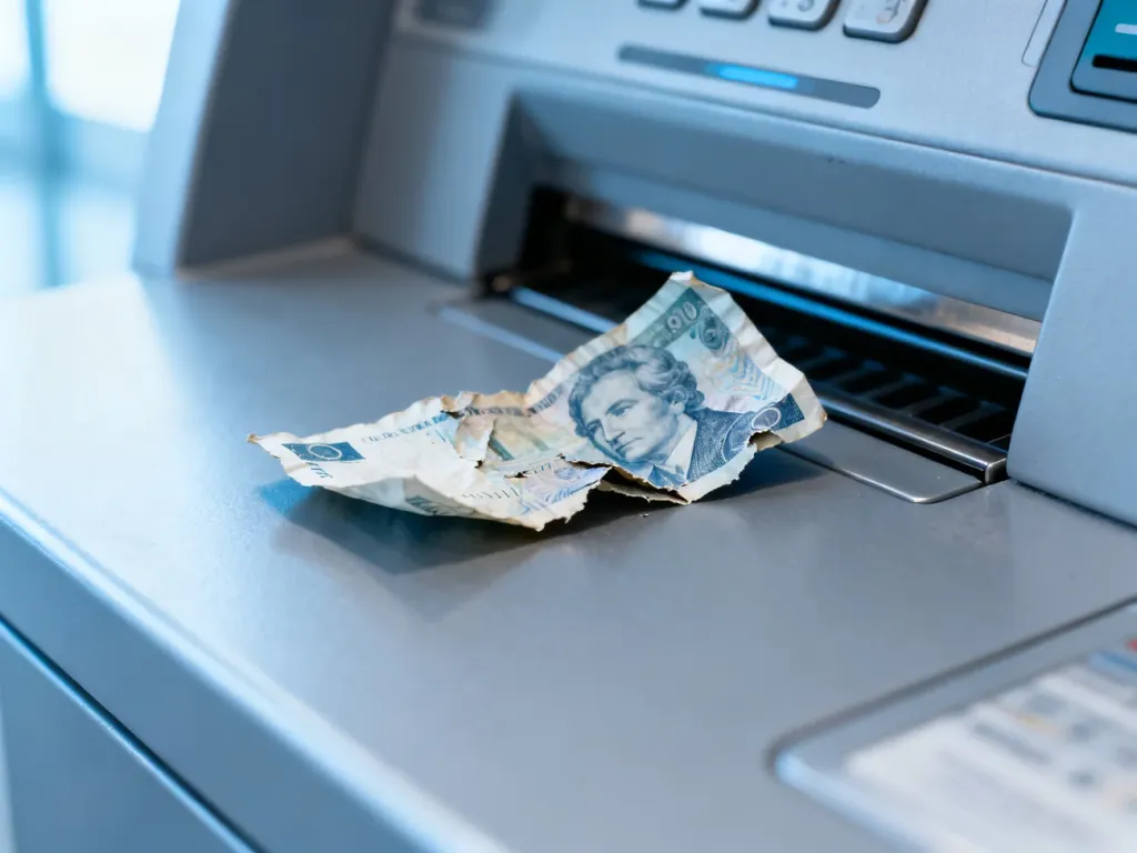 Pognieciony i lekko naderwany banknot leżący przy szczelinie wpłatomatu na tle nowoczesnego wnętrza banku.