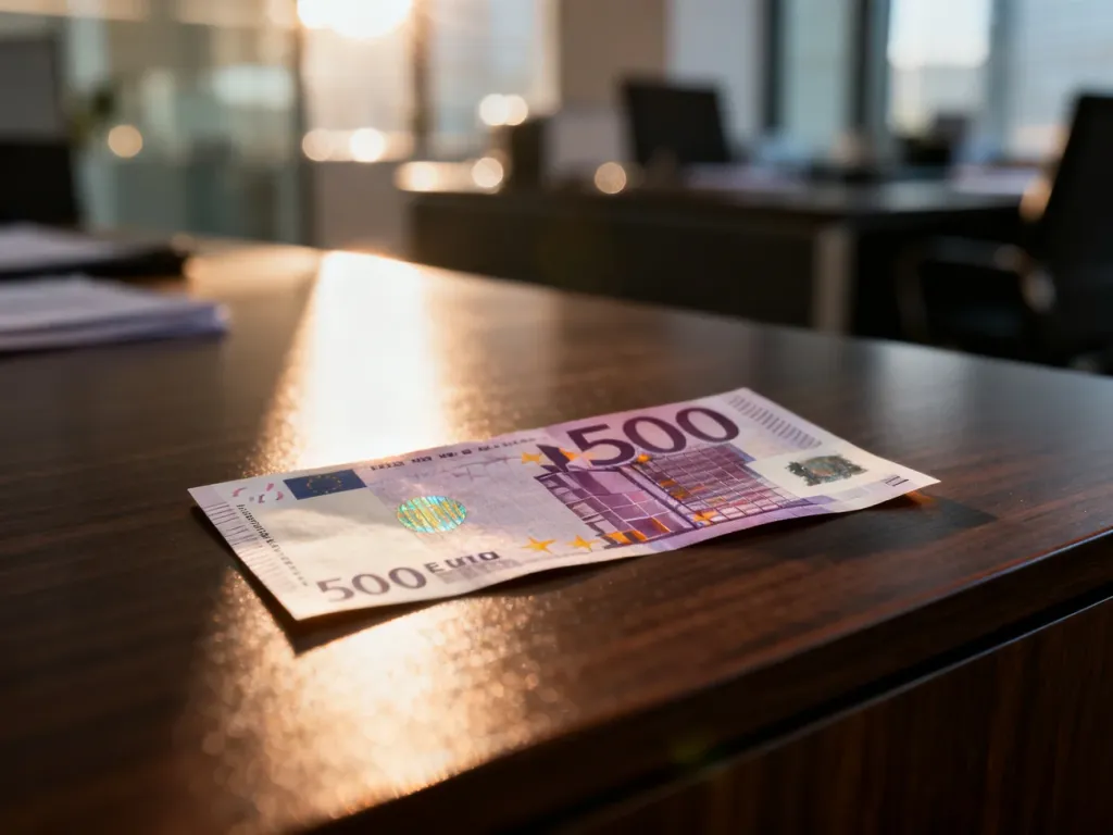 Banknot o nominale 500 euro leżący na drewnianym biurku w słonecznym świetle, podkreślający detale zabezpieczeń waluty.