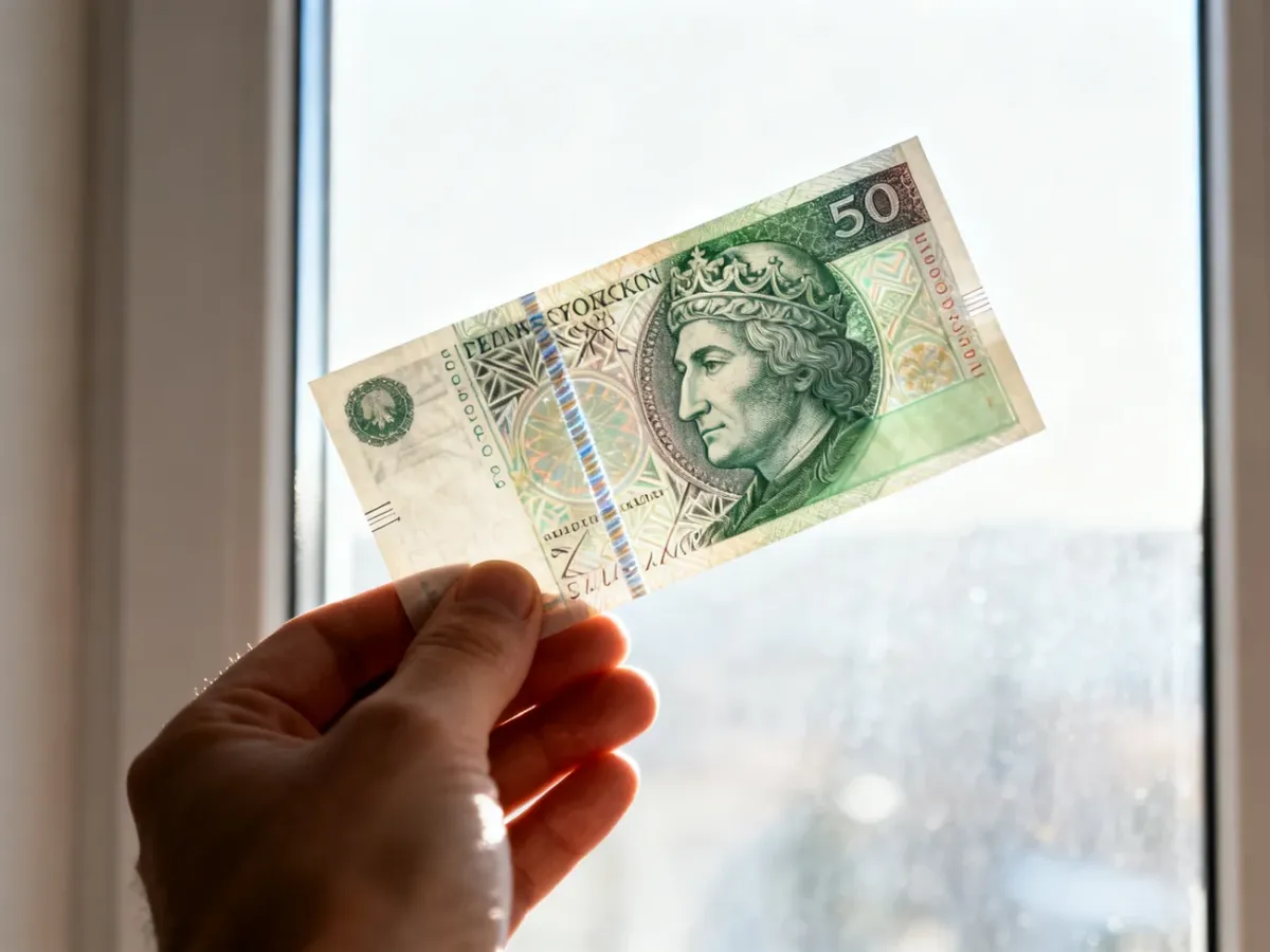 Banknot oglądany pod światło w celu sprawdzenia znaku wodnego i nitki zabezpieczającej