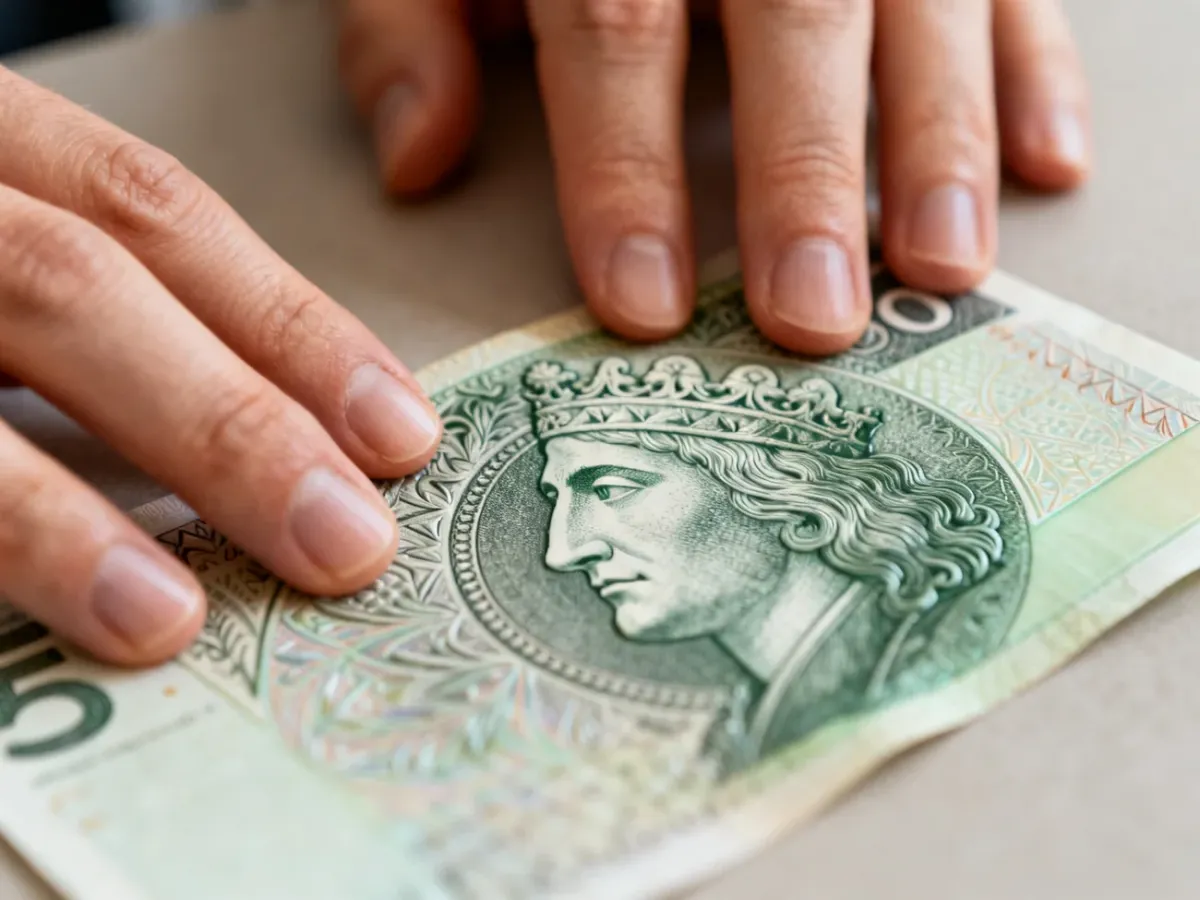 Dłonie sprawdzające palcem wypukłe elementy polskiego banknotu