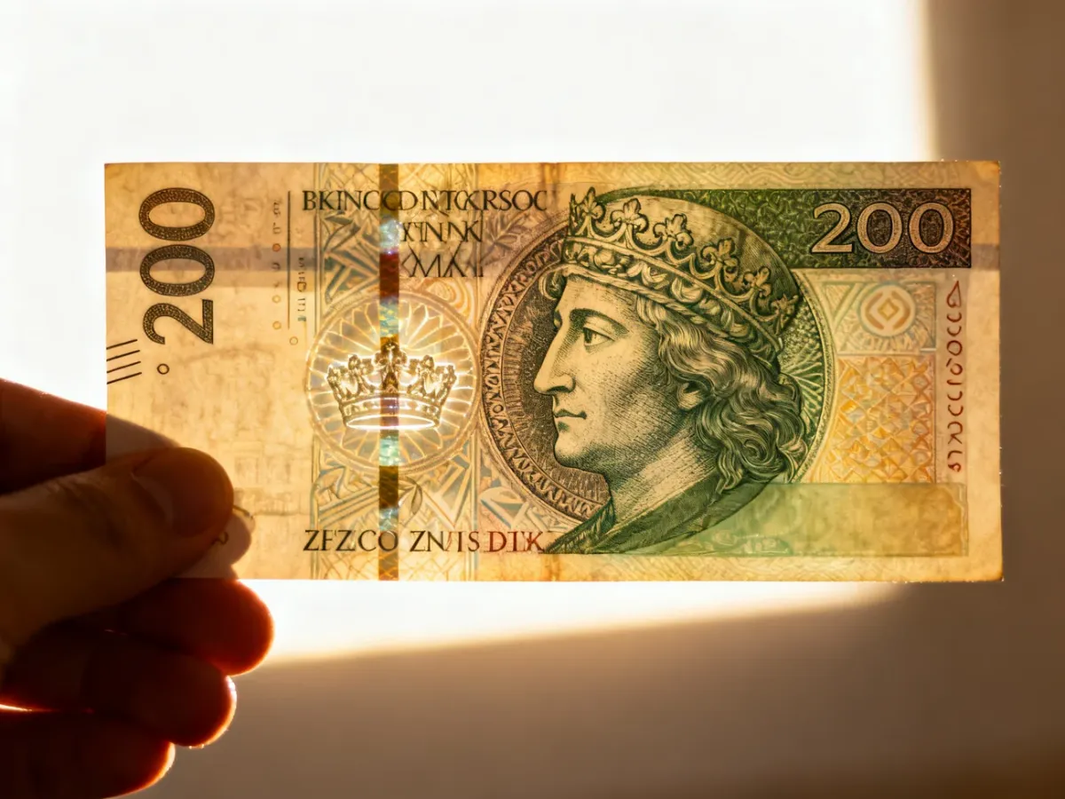Banknot 200 zł oglądany pod światło z widocznymi zabezpieczeniami