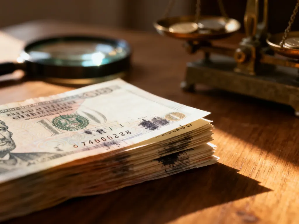 Zbliżenie na banknoty z widocznym błędem drukarskim, przesuniętym nadrukiem i rozmytym numerem seryjnym na drewnianym stole.