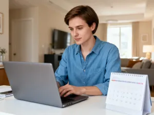 Ręcznie robione przedmioty i laptop z otwartym sklepem internetowym na biurku w przytulnej pracowni domowej.