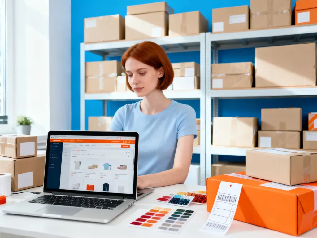 Stanowisko pracy e-commerce z laptopem, materiałami do pakowania i kobietą planującą wysyłkę zamówień.