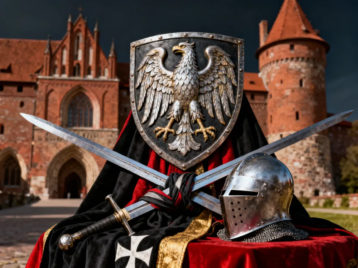 Heraldyczny orzeł, skrzyżowane miecze i hełm na tle zamku w Malborku