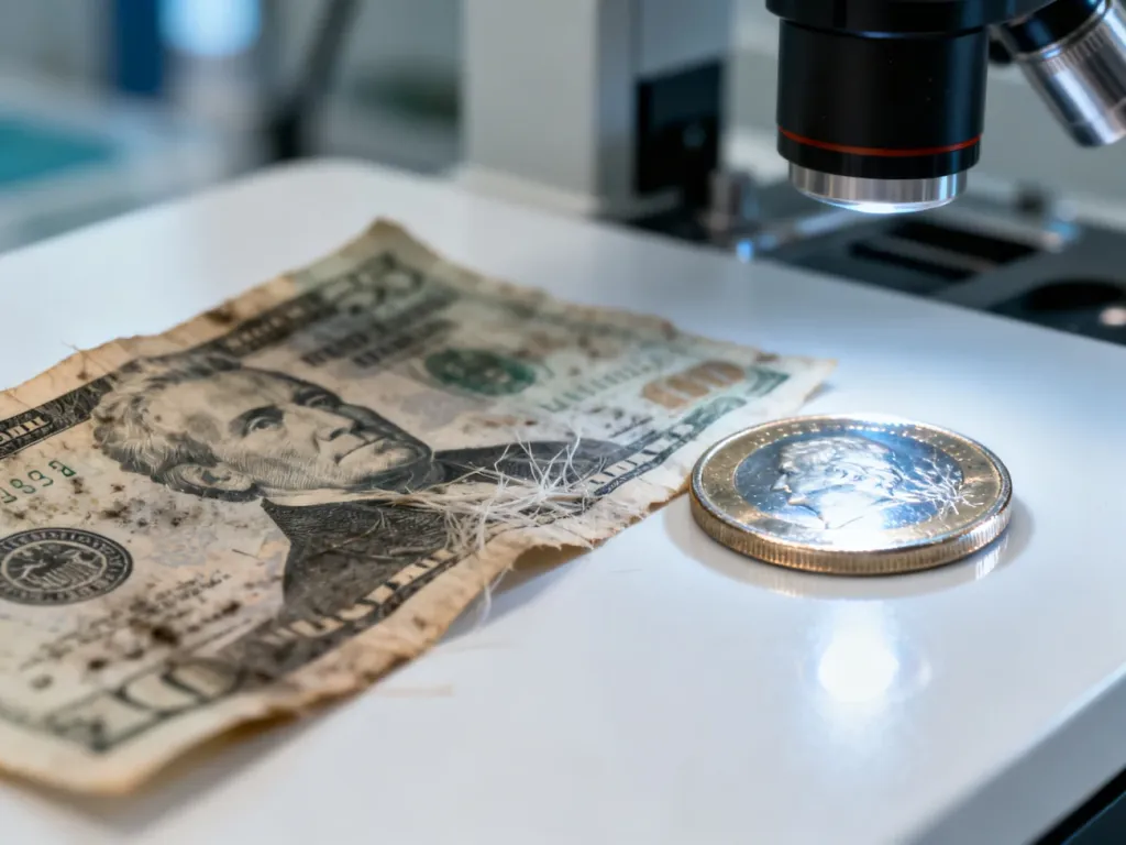 Zniszczony papierowy banknot i lśniąca moneta na sterylnym blacie laboratoryjnym, obrazujące różnice w higienie pieniędzy.