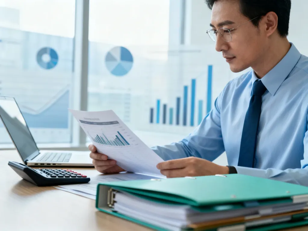 Przedsiębiorca analizujący dokumenty finansowe przy biurku, co symbolizuje profesjonalne zarządzanie finansami firmy.