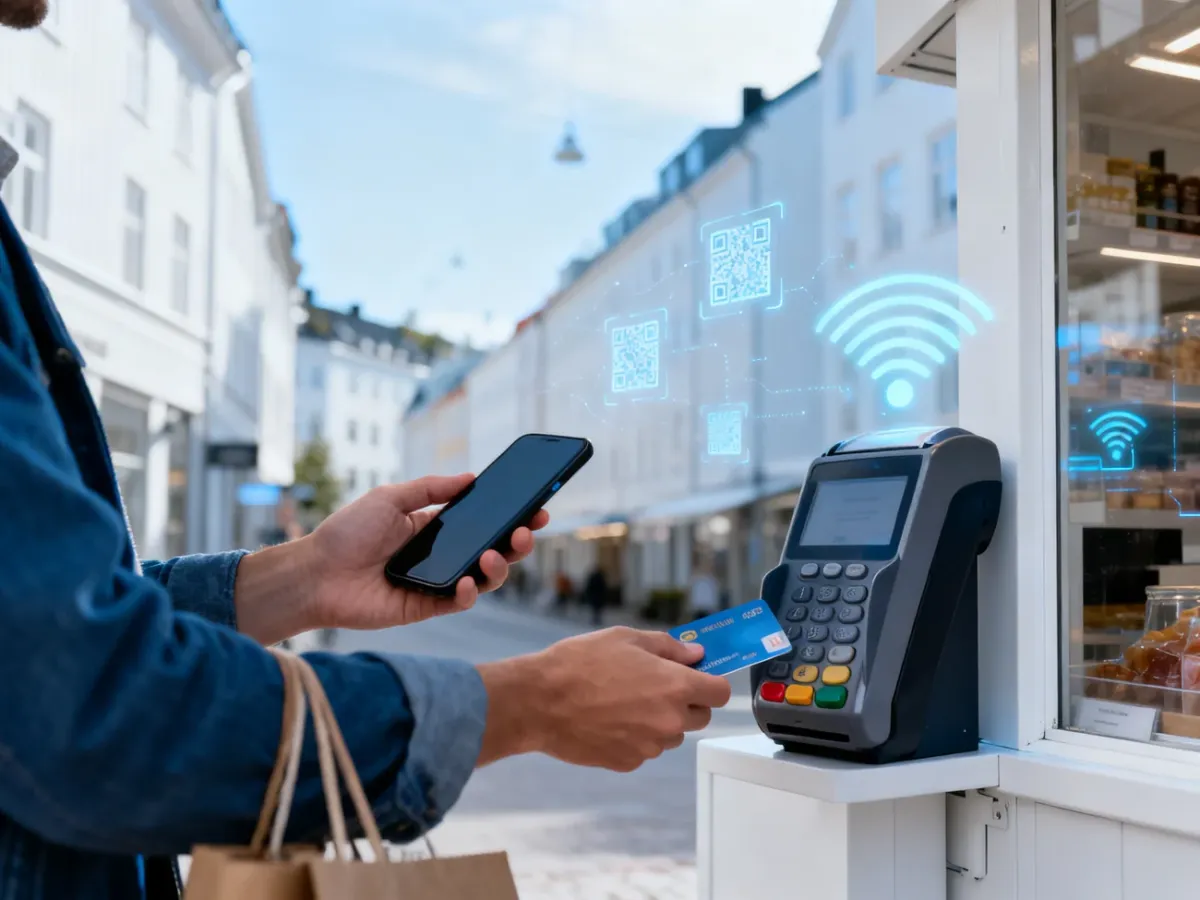Płatność zbliżeniowa telefonem i kartą w skandynawskim sklepie