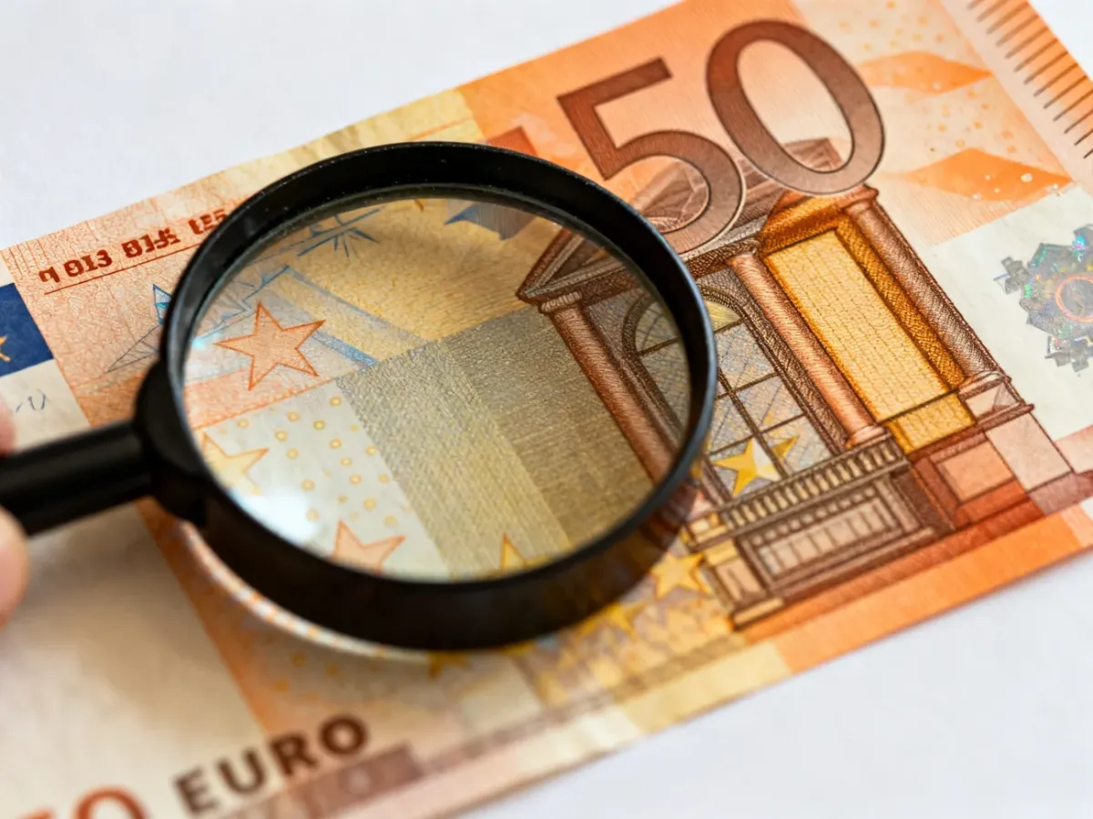 Badanie mikrodruku i zabezpieczeń banknotu 50 euro przez lupę