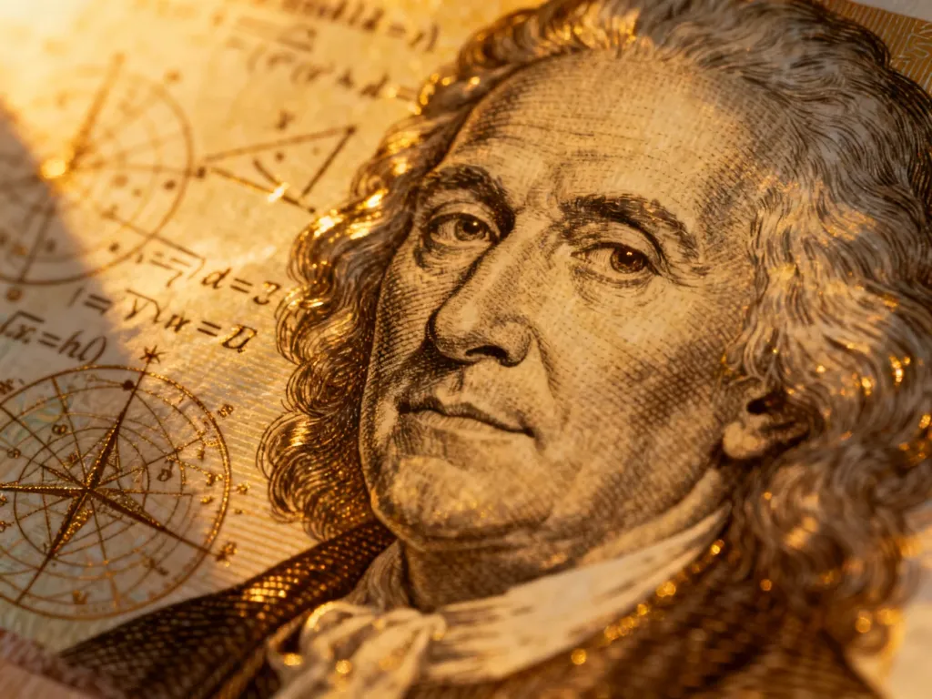 Zbliżenie na zabytkowy banknot z portretem naukowca, wzbogacony o detale matematyczne i astronomiczne.