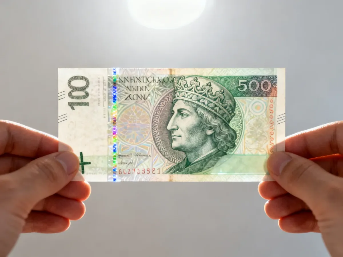 Banknot oglądany pod światło w celu sprawdzenia znaku wodnego i nitki zabezpieczającej