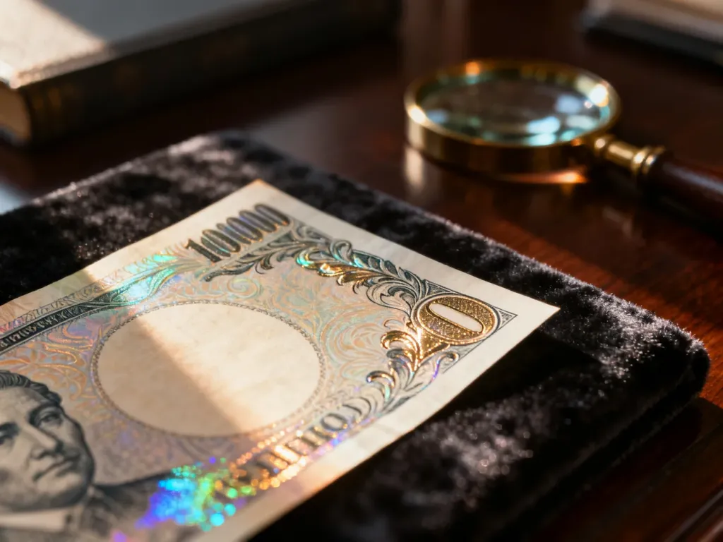 Zbliżenie na kolekcjonerski banknot okolicznościowy z holograficznymi detalami, wyeksponowany na ciemnym, eleganckim tle.